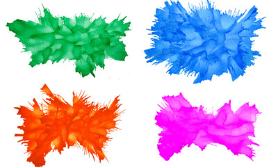 A bold set of watercolor ink splatter textures featuring dynamic explosions in green, orange, blue, and pink.