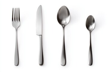 Sleek silverware set against a bright white background.  A fork, knife, soup spoon, and teaspoon arranged neatly.