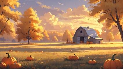 A tranquil autumn scenery portrays a weathered barn nestled in a field with scattered pumpkins.
