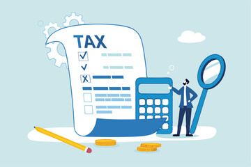 Tax planning, financial strategy for tax optimization, reduction or refund, income or revenue management, taxation or calculation concept, businessman with magnifying glass analyze tax plan document.