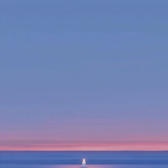 Obraz premium Serene sunset over calm ocean; small light on horizon; peaceful seascape for meditation or travel brochures