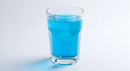 Tall Glass Of Blue Liquid With Ice Cubes Against White Background