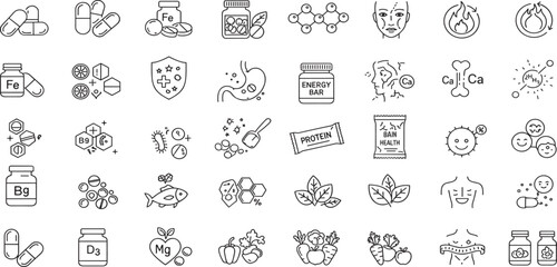 Supplements Line Editable Icons set. Vector illustration in modern thin line style of healthy lifestyle related icons: vitamins, minerals, amino acids, and more