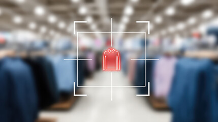 Retail store showcasing clothing with focus shirt highlighted red. background features various garments hanging racks