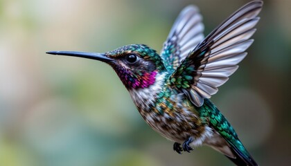 Fototapeta premium Vibrant Hummingbird in Flight Wings Spread Colorful Feathers Nature Wildlife