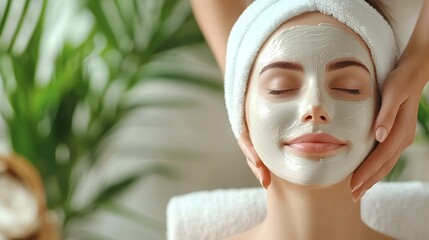 Close up photograph of a professional applying a soothing facial mask after a skin tightening procedure ensuring a relaxing and gentle ambiance with copy space for additional text or branding