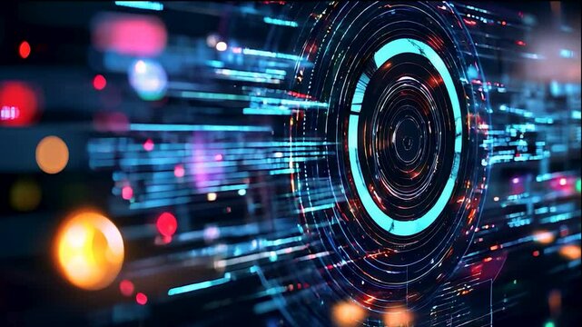 A computer screen with a colorful circle on it. The circle is surrounded by a lot of lines and dots. Concept of technology and complexity