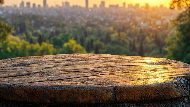 Empty wooden table outdoor sunset cityscape background