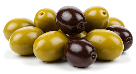 Pile of Green and Black Olives Displayed on a White Background with Oil Texture