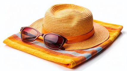 Beach Summer Essentials: Stylish Hat & Sunglasses on Small Towel, Isolated on White