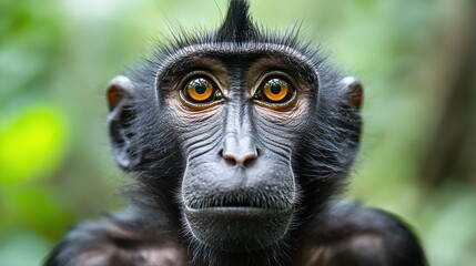 Fototapeta premium Close-up of a crested black macaque with intense brown eyes in natural habitat