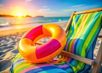 Beach Chair Summer Fun: Colorful Armbands & Inflatable Swim Ring