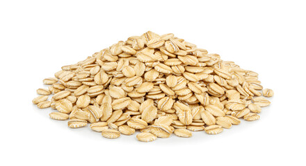Fototapeta premium Pile Of Rolled Oats On White Background In Studio Shot Displaying Macro Texture