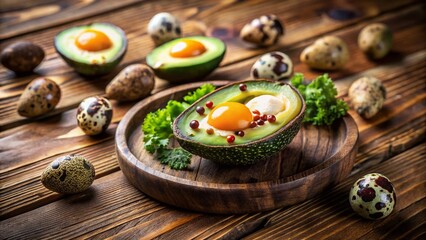 Baked Avocado with Quail Eggs - Healthy Breakfast Recipe Stock Photo