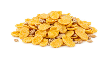 Pile Of Yellow Cereal Flakes With Sunflower Seeds And Grains On White Background