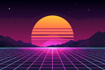 Create a vibrant retro 80s vector background featuring a bold neon grid pattern with a distinct synthwave aesthetic.  Include glowing lines and a futuristic feel.