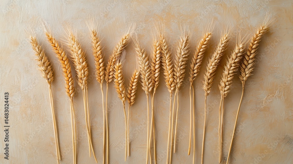 Poster golden wheat stalks arranged in a symmetrical pattern on a light beige surface.