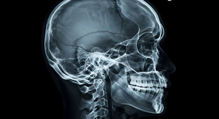 X-Ray Of Human Skull In Profile View Displaying Skeletal Anatomy On Black Background