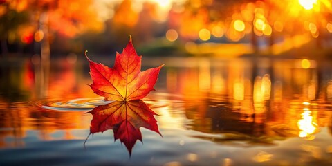 Autumn Sunset Reflection: Red Maple Leaf on Calm Lake Water