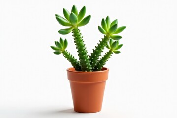 A small green succulent plant with thick leaves in a terracotta pot, set against a plain white background.