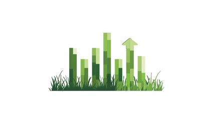Abstract illustration with green bars resembling data charts, with an up arrow, and grass