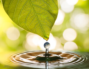 A drop of water sitting on top of a green leaf. Green leaf with water drops. Artistic image of the purity of nature.