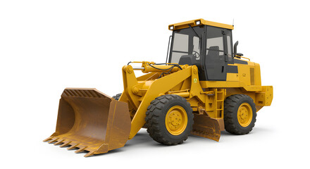 Fototapeta premium Yellow Construction Loader Isolated On White Backdrop Showing Detailed Machinery Parts