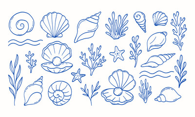A blue and white drawing of various sea creatures including shells, starfish, and seaweed. The drawing conveys a sense of the ocean and its inhabitants © MariiaMart