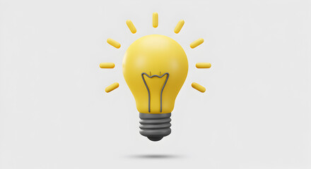 Yellow Light Bulb 3D Rendered With Radiating Rays Isolated On White Background Representing Idea Generation
