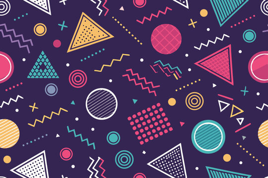 Generate a vibrant retro Memphis style pattern featuring bold geometric shapes, dynamic lines, and a playful color palette.  Include contrasting textures.