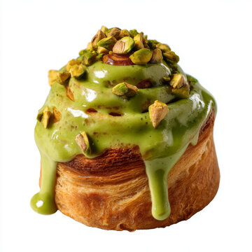 Swirl shaped cruffin pastry topped with creamy green matcha glaze and crunchy pistachio nuts