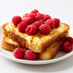 Baked custard toast topped with fresh raspberries on white plate, bright and appetizing