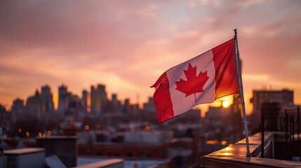 The Canadian flag flies against the sunset on Canada Day