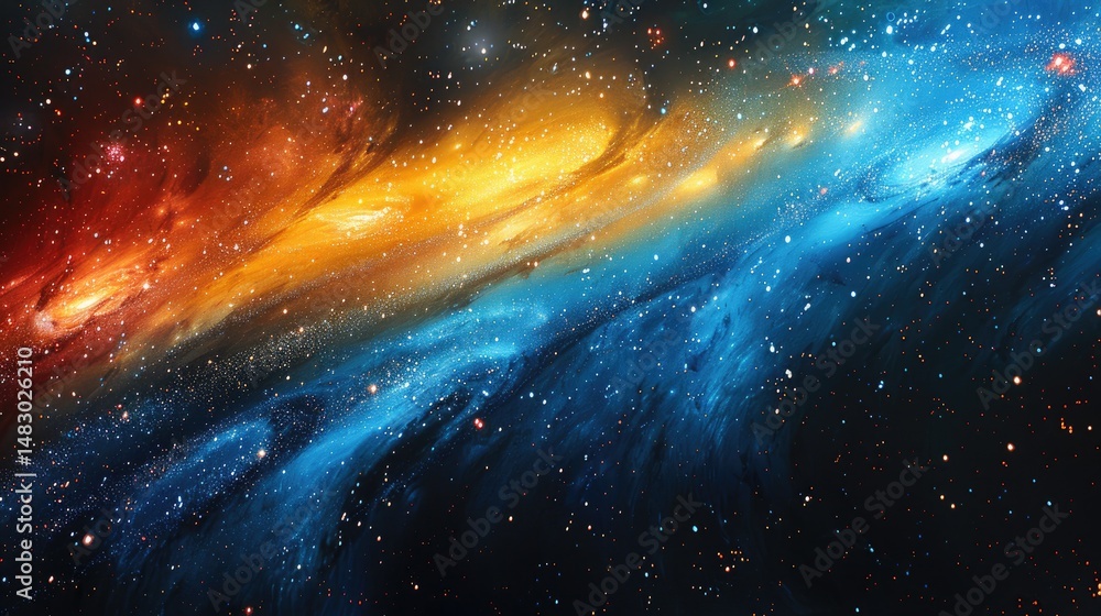 Poster galaxy glitter background with multicolor particles creating cosmic nebula effect