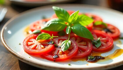 Tomato carpaccio with basil drizzled with aged balsamic vinegar and extra virgin olive oil,  Fresh Tomato Carpaccio with Basil, Balsamic, and Olive Oil, created with generative ai