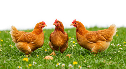 Fototapeta premium Three Brown Chickens Standing On Green Grass With Daisies Isolated Against White Background
