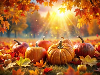 Autumn Double Exposure: Pumpkins & Fall Leaves Overlay Stock Photo