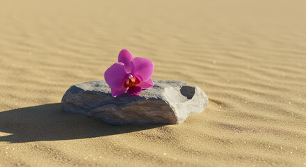 Obraz premium Pink Orchid Blooming On Grey Stone At Desert With Textured Sand In Golden Sunlight