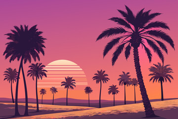 Create a retro-styled landscape illustration featuring bold, black silhouette palm trees against a vibrant, colorful sunset.  Emphasize a 1950s/60s aesthetic.