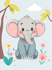 Moke Up Of A Cartoon Cute Baby Elephant Design In The Middle of Shirt