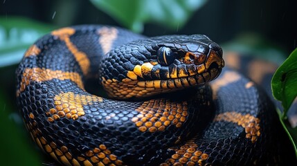 Obraz premium Close-up of a black and orange snake among lush green leaves