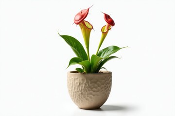 Naklejka premium A unique potted plant with red, trumpet-shaped flowers and lush green leaves on a white background.