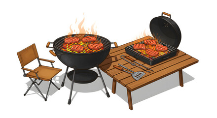 Pixel Art Barbecue Scene Featuring a Grill Table with Burgers and Chair