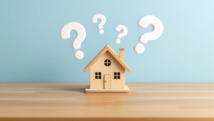 Wood House Model with question marks over the wooden desk and free copy space for your text.