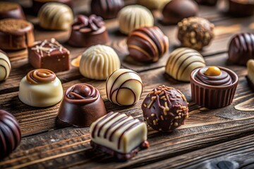 Assorted Chocolate & White Candies on Rustic Wooden Table -  Sweet Treats Stock Photo