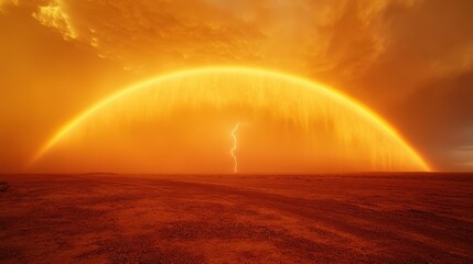 Majestic orange sky with striking lightning under glowing rainbow