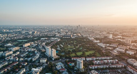 Fototapeta premium 穏やかな夕暮れ 広がる都会 緑溢れる公園 高層ビル群
