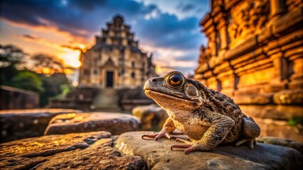 Asian Toad in Ancient Temple Ruins - Architectural Stock Photo