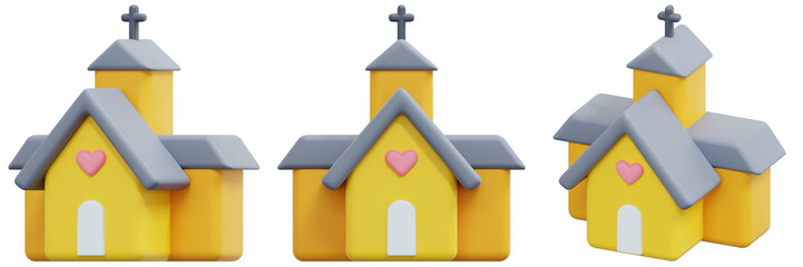 Set of Church with Gray Roof and Heart Detail 3d Render Icon Illustration