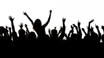 Excited crowd with raised hands at concert black white isolated on white background.PNG, AI GENERATED